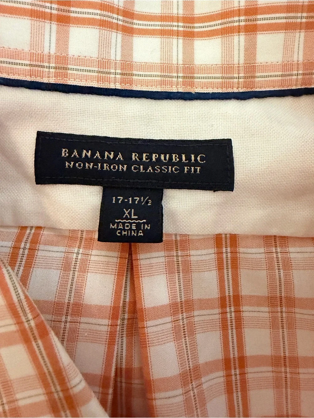 Banana Republic Non-Iron Classic Fit Plaid Orange/White Dress Shirt XL 17.5